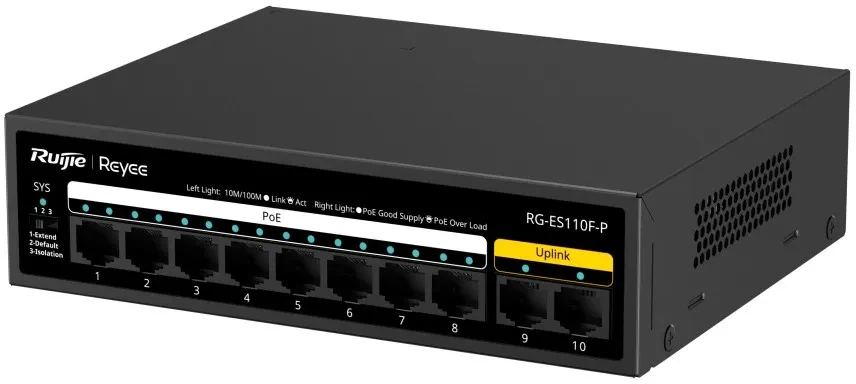 Ruijie Reyee RG-ES110F-P — 10-портовый PoE+ коммутатор, 8×PoE+, 2×аплинк, 110 Вт, fanless, для видеонаблюдения