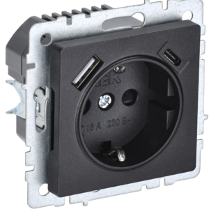 BRITE Роз. с з/к/ш 16А с USB A+C 18Вт РЮш11-1-БрЧ черн. IEK