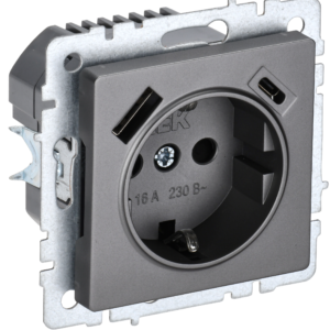 BRITE Роз. с з/к/ш 16А с USB A+C 18Вт РЮш11-1-БрС сталь IEK